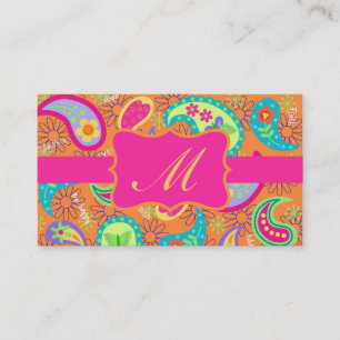 Orange Fuchsia Pink Modern Paisley Monogram Business Card