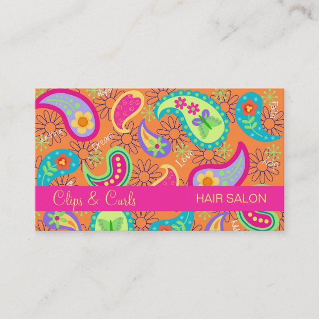 Orange Fuchsia Pink Modern Paisley Whimsy Pattern Business Card (Front)