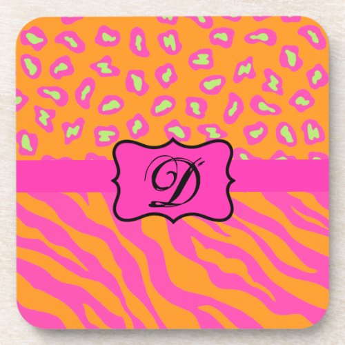 Orange  Fuchsia Pink Zebra  Cheetah Personalized Beverage Coaster