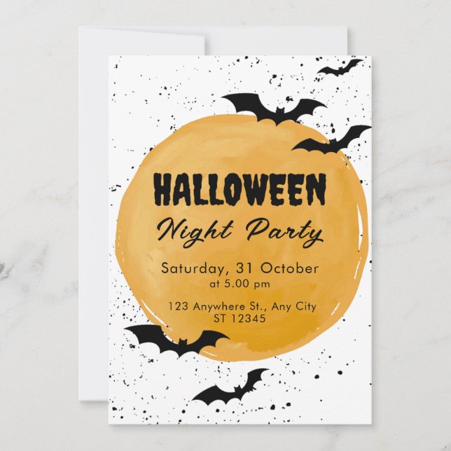 Orange Full Moon And Night Bat Spooky Halloween Invitation (Front)