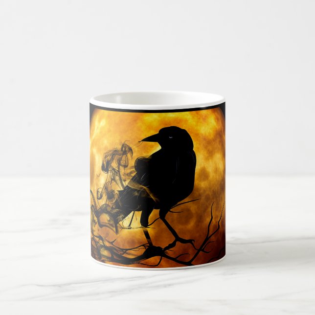 Orange Full Moon Black Raven Halloween Specter Coffee Mug (Center)