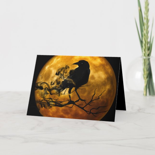 Orange Full Moon Smokey Black Raven Halloween Crow Card (Front)