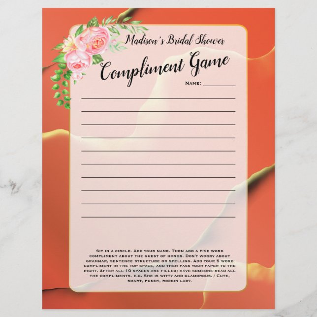 Orange Fun Bridal Shower Icebreaker 💕 5 Word Game (Front)