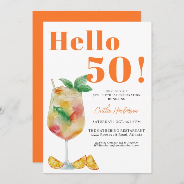  Orange Fun Drink 50th Birthday Invitation (Front/Back)