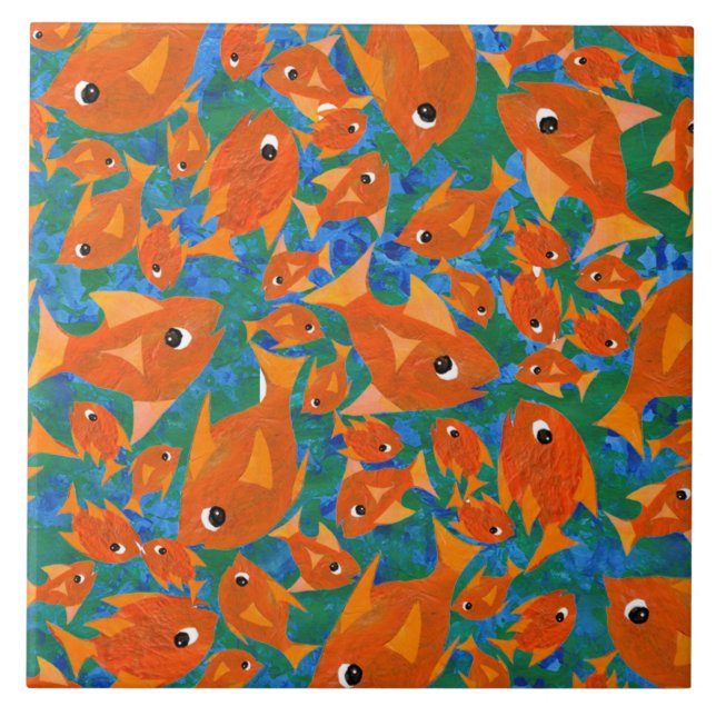 Orange Fun Fish on Blue Green Background Ceramic Tile (Front)