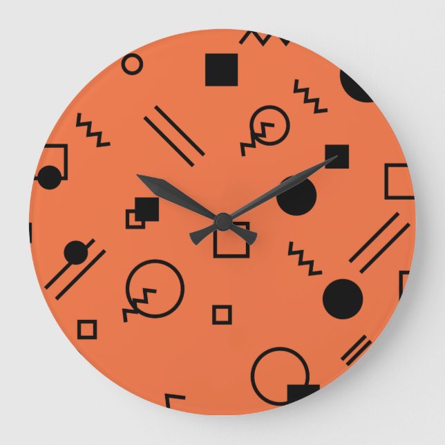 Orange, fun, trendy, geometric Memphis graphic Large Clock (Front)