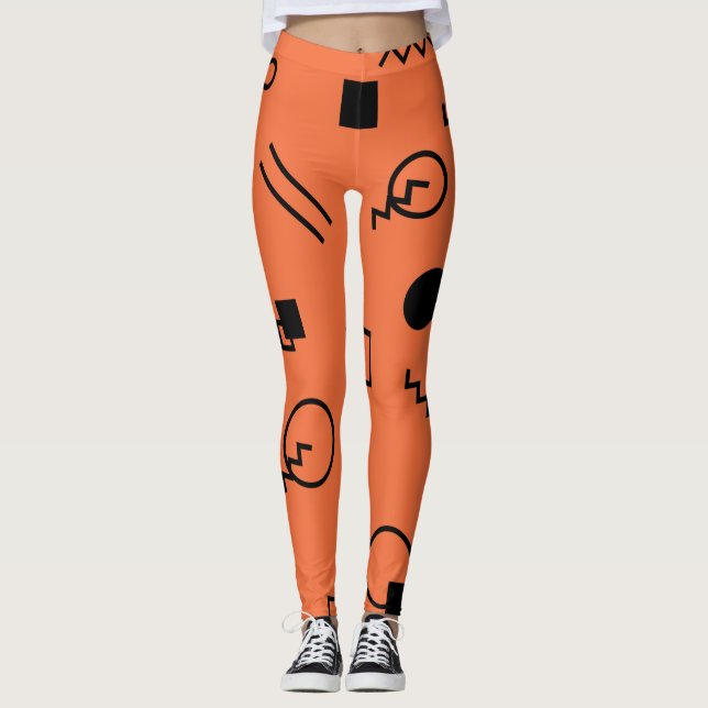 Orange, fun, trendy, geometric Memphis graphic Leggings (Front)