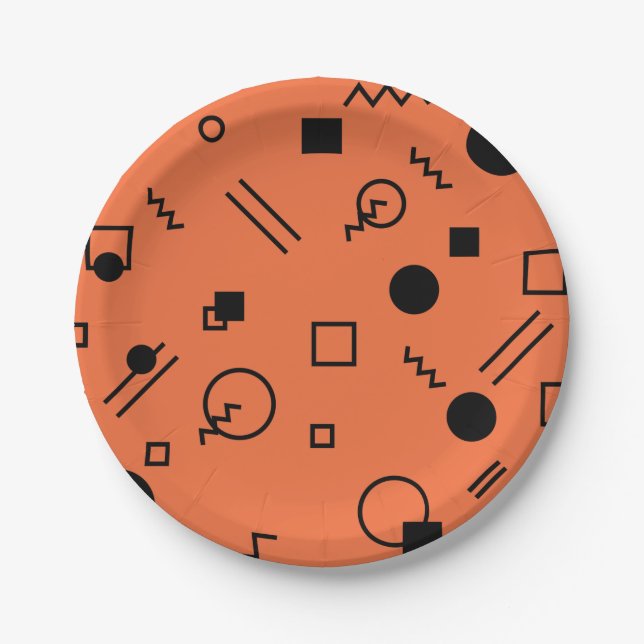 Orange, fun, trendy, geometric Memphis graphic Paper Plates (Front)