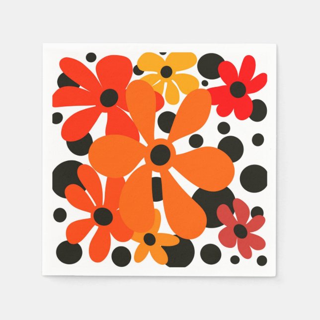 Orange funky flowers & black polka dots  napkins (Front)