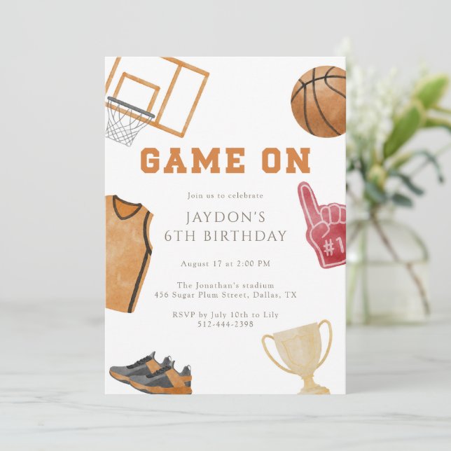 Orange Game On Basketball Birthday Jersey  Invitation (Standing Front)