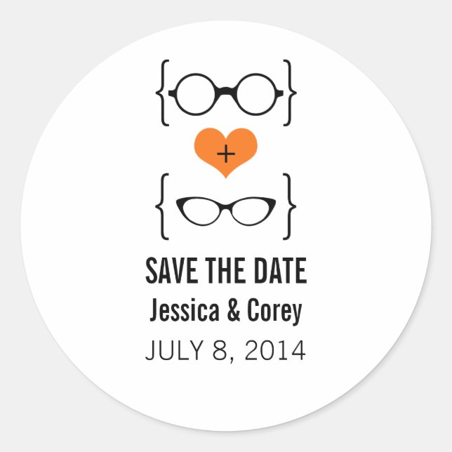 Orange Geeky Glasses Save the Date Stickers (Front)