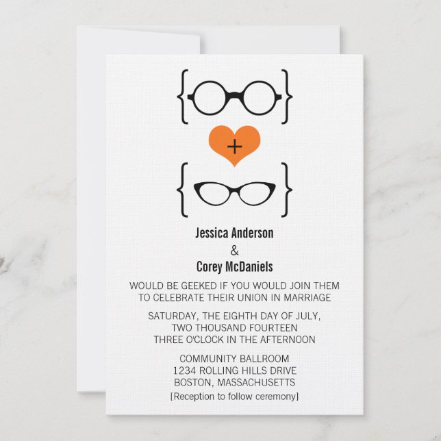 Orange Geeky Glasses Wedding Invitation (Front)
