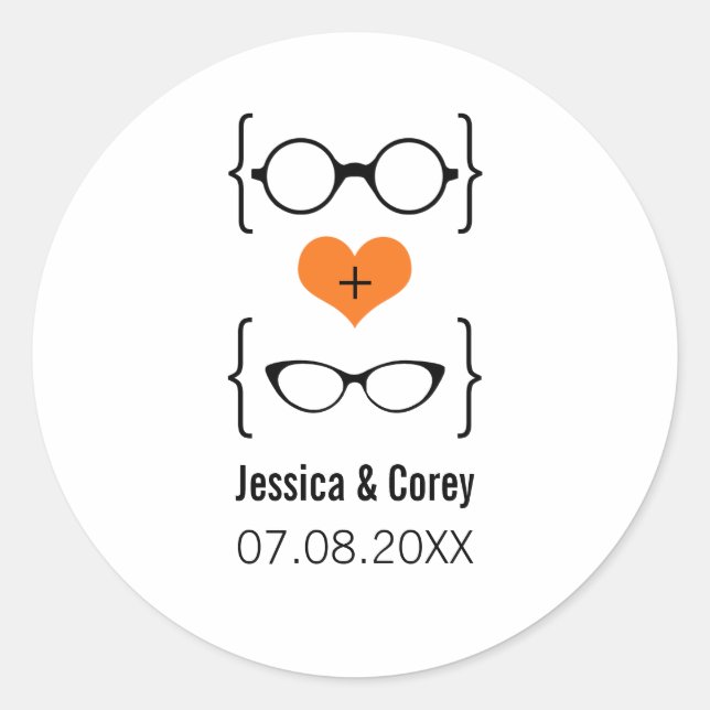 Orange Geeky Glasses Wedding Stickers (Front)