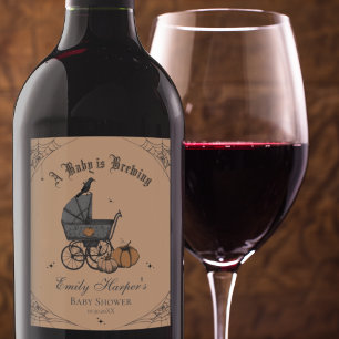 Orange Gender Neutral Baby is Brewing Baby Shower Wine Label