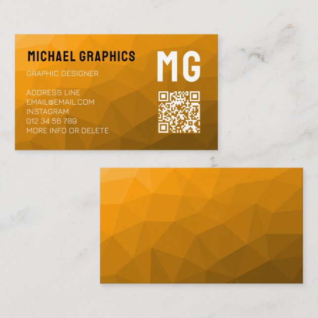 Orange geometric mesh pattern QR code Monogram Business Card (Front/Back)