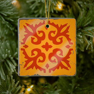 Orange Geometric Tile Board Game Distressed Ceramic Ornament