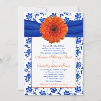 Orange Gerber Cobalt Floral Wedding Invitation by wasootch at Zazzle