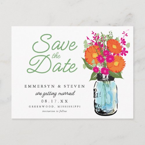 Orange Gerber Daisies Mason Jar Save the Date Announcement Postcard