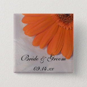 Orange Gerber Daisy and White Satin Wedding Button