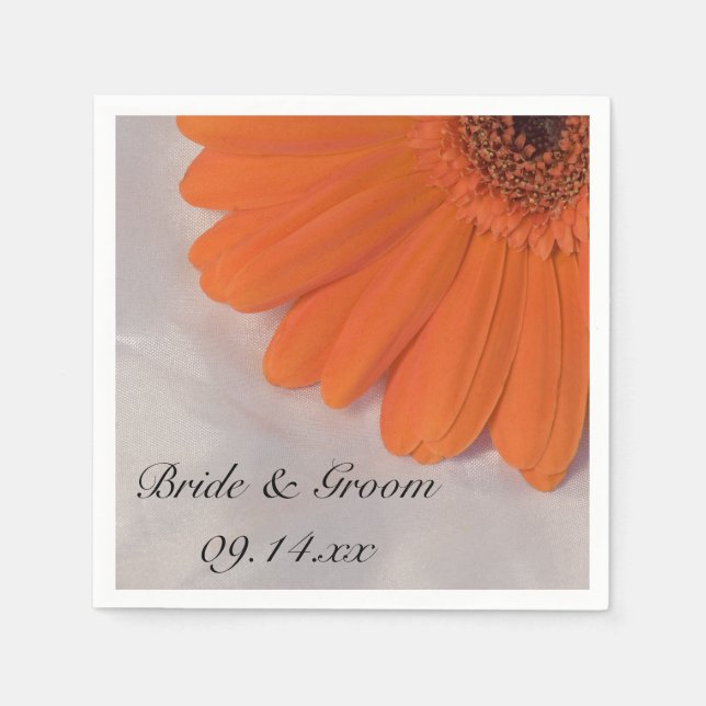 Orange Gerber Daisy and White Satin Wedding Napkins (Front)