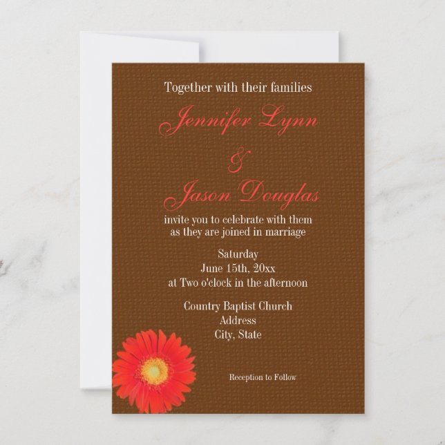 Orange Gerber Daisy Faux Burlap Wedding Invitation (Front)