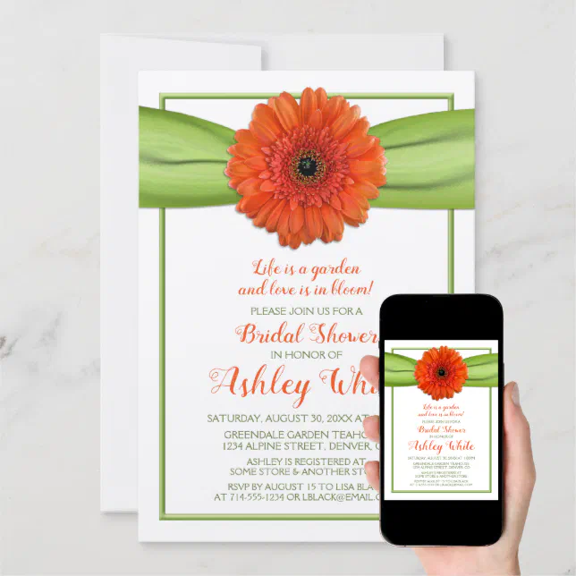 Orange Gerber Daisy Green Bridal Shower Invitation | Zazzle