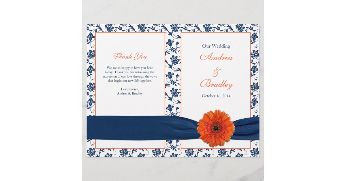 Orange Gerber Daisy Navy Damask Wedding Program | Zazzle