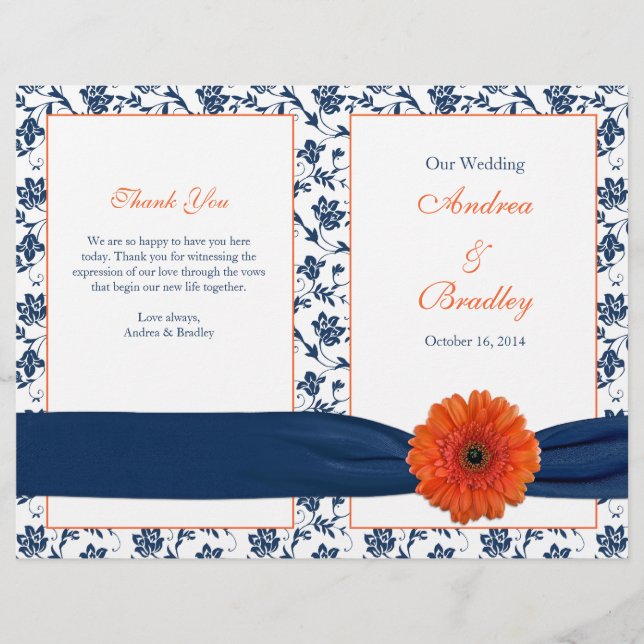 Orange Gerber Daisy Navy Damask Wedding Program (Front)