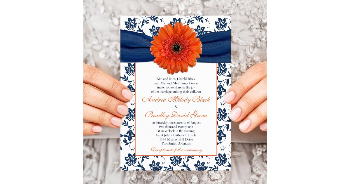 Orange Gerber Daisy Navy Floral Wedding Invitation | Zazzle