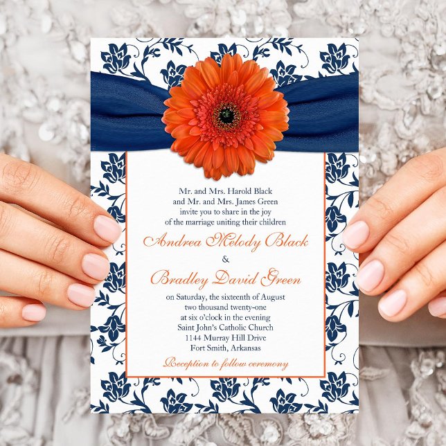 Orange Gerber Daisy Navy Floral Wedding Invitation (Creator Uploaded)