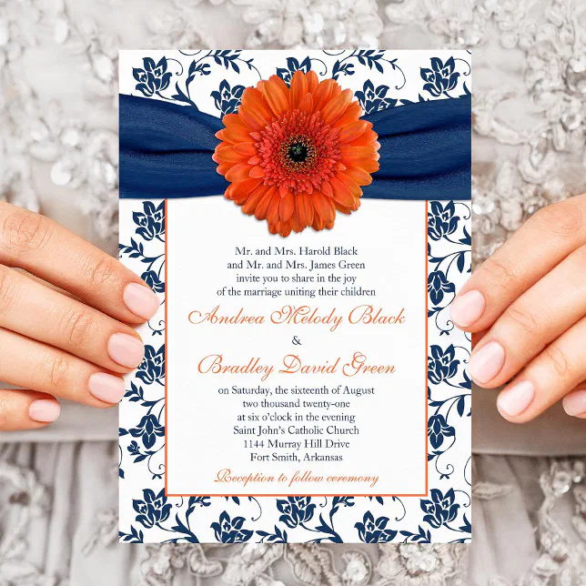 Orange Gerber Daisy Navy Floral Wedding Invitation | Zazzle