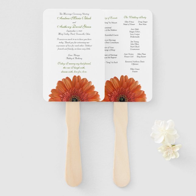 Orange Gerber Gerbera Daisy Wedding Hand Fan (Front and Back)