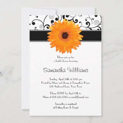 Orange Gerbera Daisy Black Scroll Bridal Shower Personalized Invite
