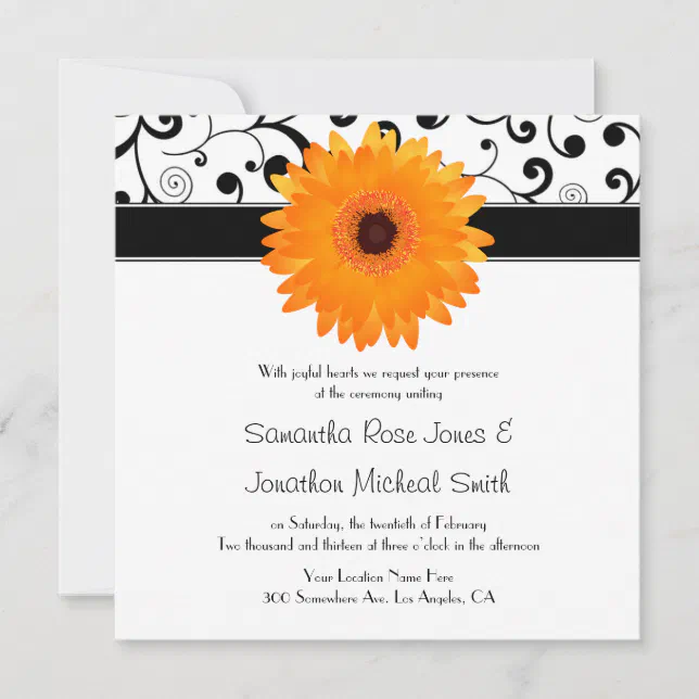 Orange Gerbera Daisy Black Scroll Design Wedding Invitation | Zazzle