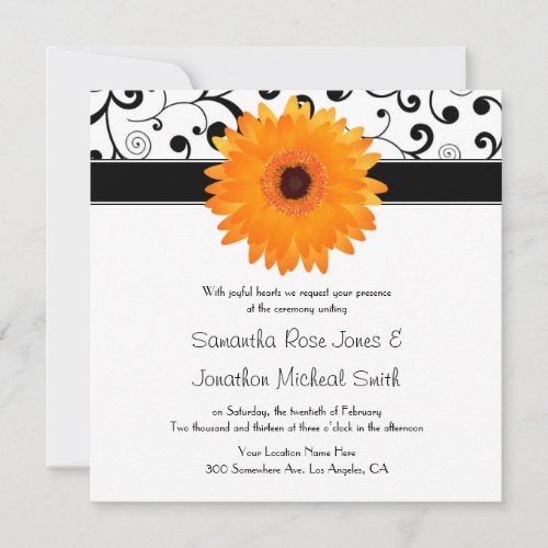 Orange Gerbera Daisy Black Scroll Design Wedding Custom Invitation