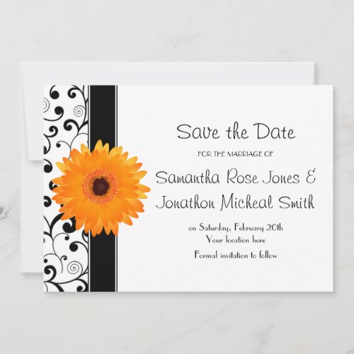 Orange Gerbera Daisy Black Scroll Save the Date