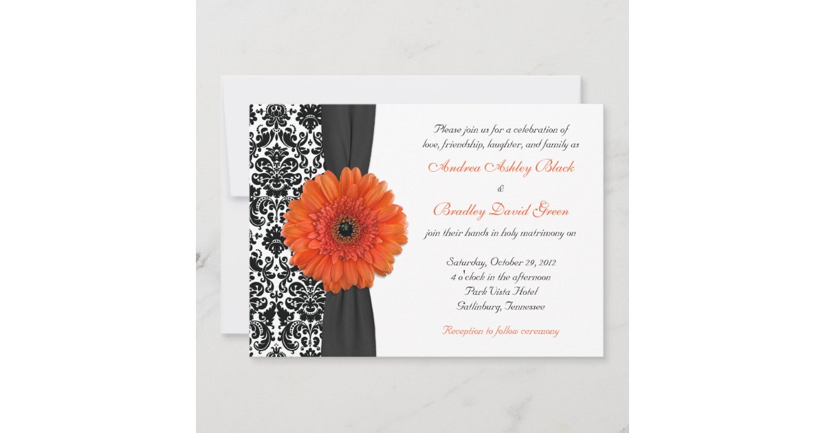 Orange Gerbera Daisy Damask Wedding Invitation | Zazzle