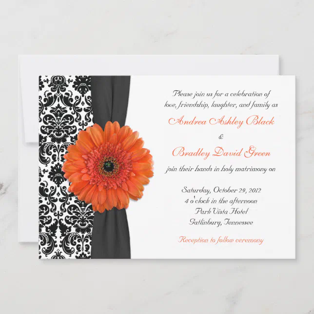 Orange Gerbera Daisy Damask Wedding Invitation | Zazzle