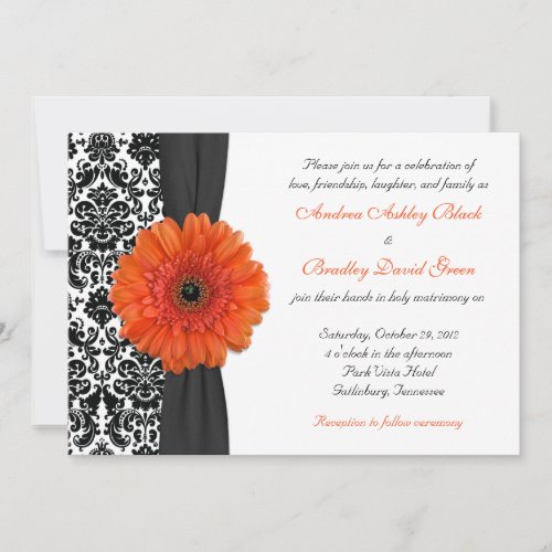 Orange Gerbera Daisy Damask Wedding Invitation