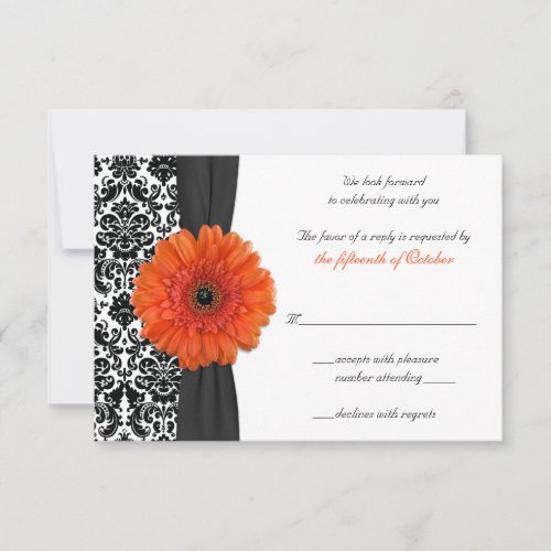 Orange Gerbera Daisy Damask Wedding Reply Card Personalized Invitations