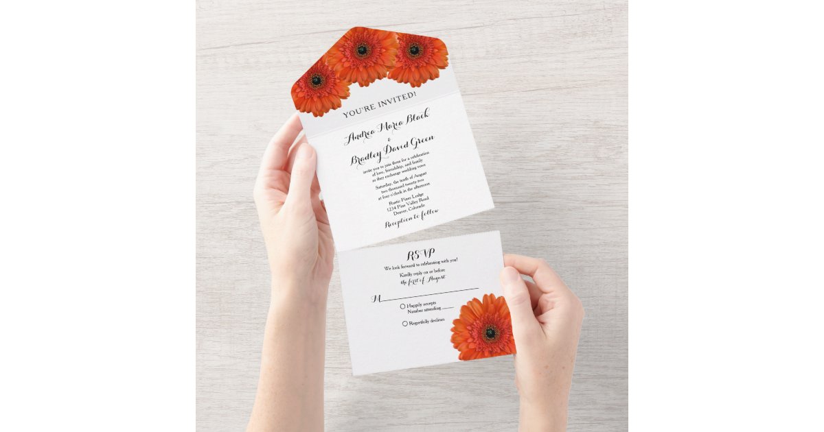 Orange Gerbera Daisy Floral Wedding RSVP All In One Invitation | Zazzle