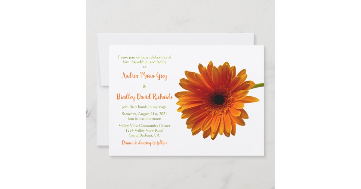 Orange Gerbera Daisy Flower Wedding Invitation | Zazzle