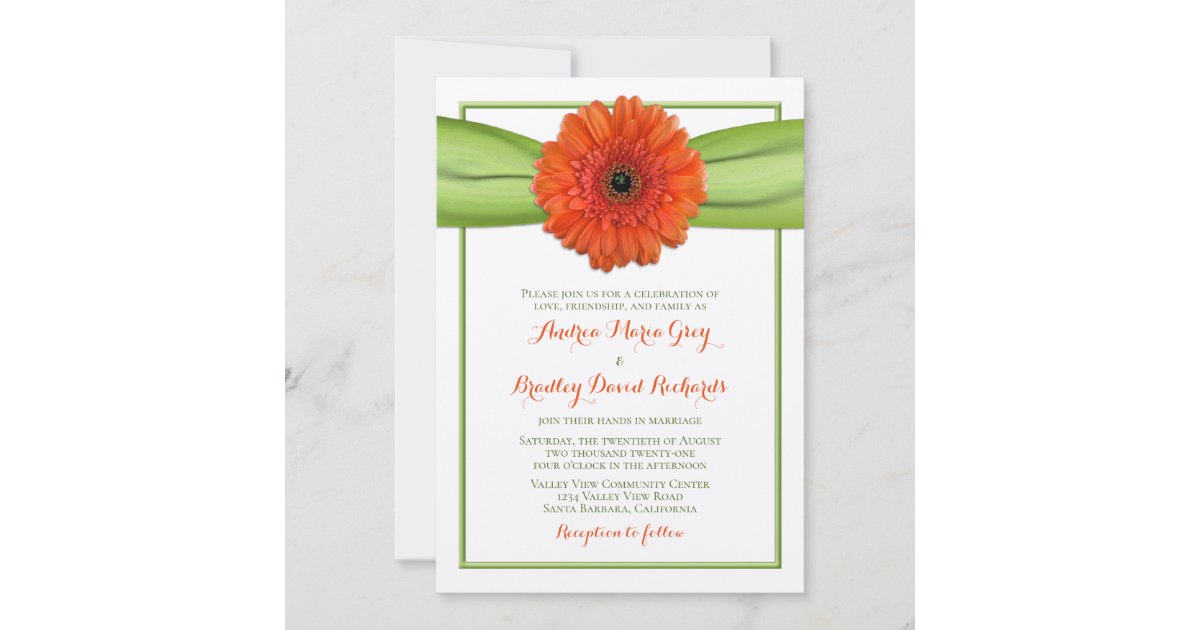 Orange Gerbera Daisy Green Wedding Invitation | Zazzle