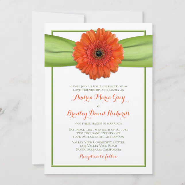 Orange Gerbera Daisy Green Wedding Invitation | Zazzle