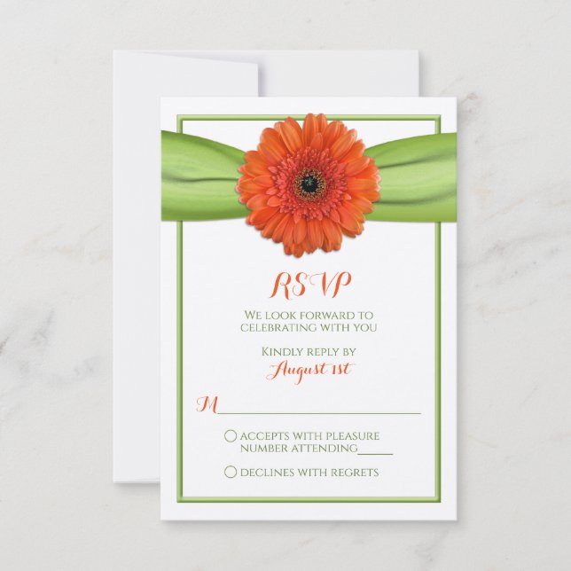 Orange Gerbera Daisy Green Wedding Reply Card (Front)