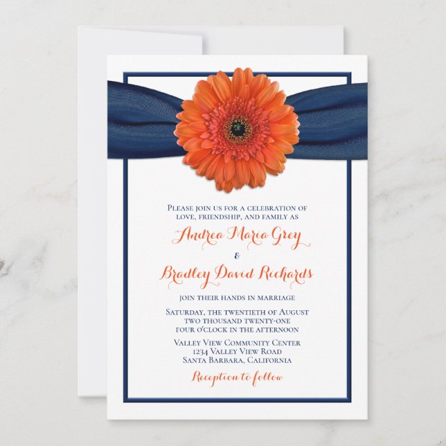 Orange Gerbera Daisy Navy Wedding Invitation (Front)