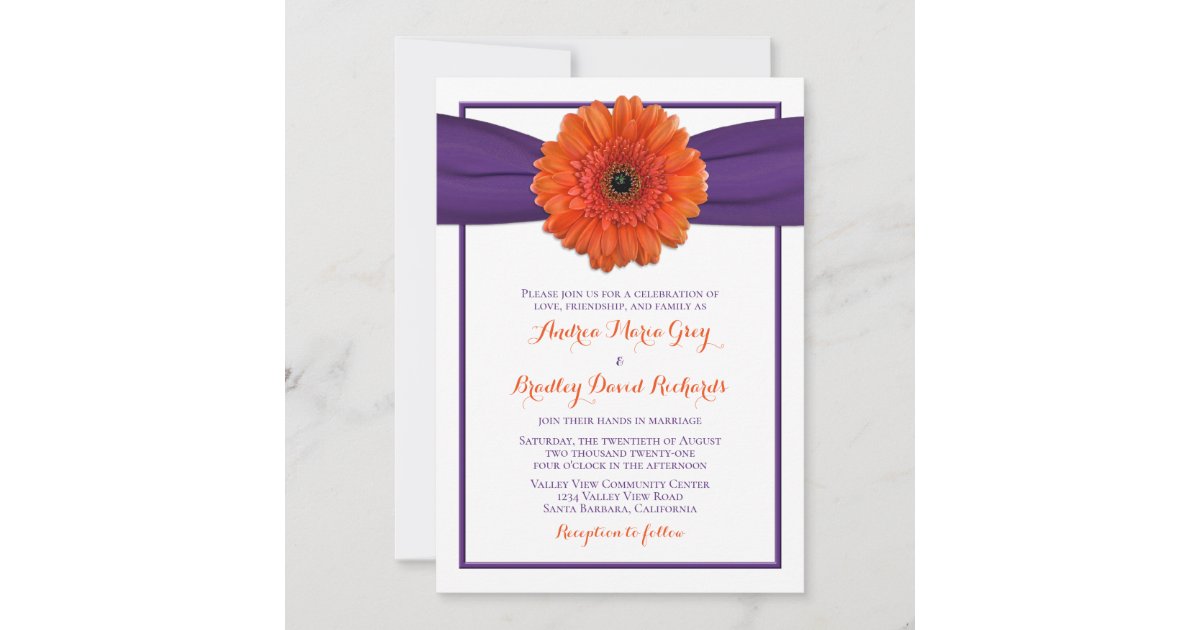 Orange Gerbera Daisy Purple Wedding Invitation | Zazzle