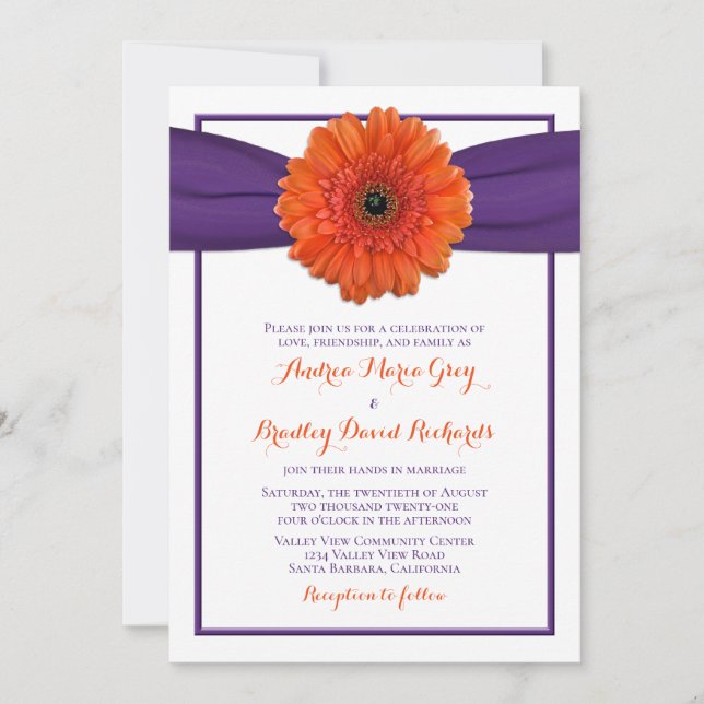 Orange Gerbera Daisy Purple Wedding Invitation (Front)