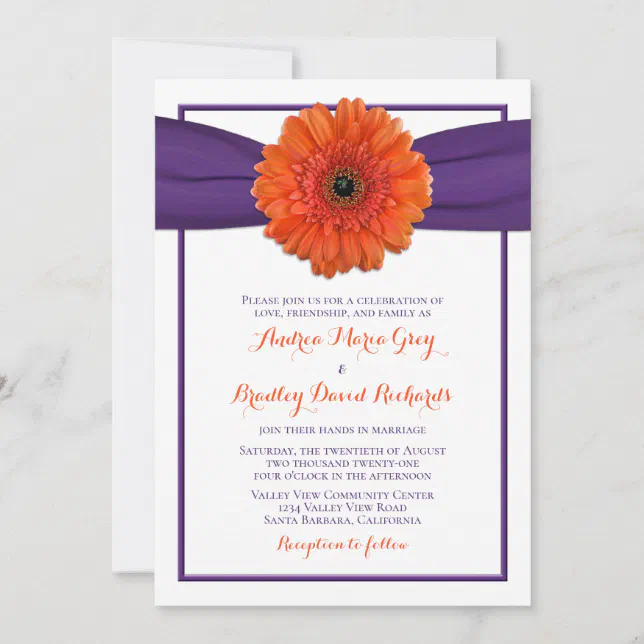 Orange Gerbera Daisy Purple Wedding Invitation | Zazzle