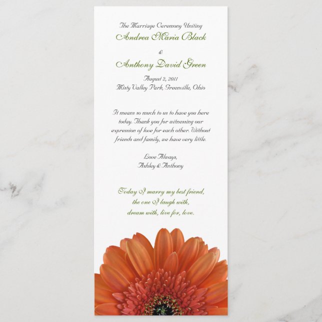 Orange Gerbera Daisy Wedding Program (Front)